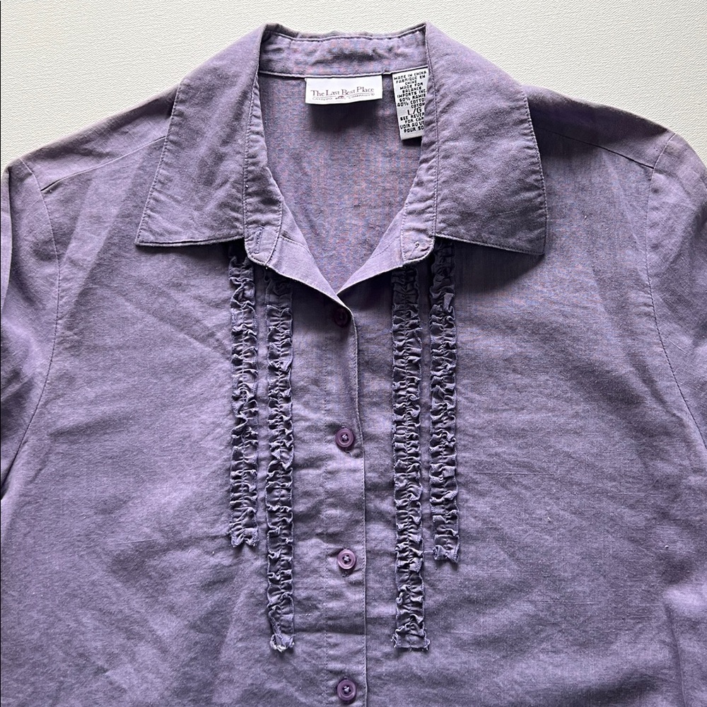 The Last Best Place Vintage Purple Ruffle Front Bell Sleeve Button Down - L - Picture 3 of 9